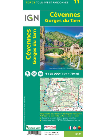 CARTE IGN CEVENNES GORGES DU TARN TOP 75011
